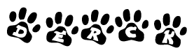 The image shows a series of animal paw prints arranged horizontally. Within each paw print, there's a letter; together they spell Derck