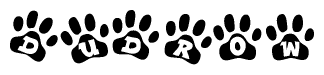 The image shows a series of animal paw prints arranged in a horizontal line. Each paw print contains a letter, and together they spell out the word Dudrow.
