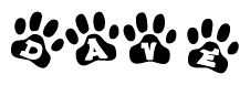 The image shows a series of animal paw prints arranged in a horizontal line. Each paw print contains a letter, and together they spell out the word Dave.