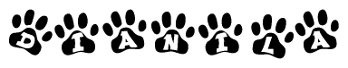 The image shows a series of animal paw prints arranged in a horizontal line. Each paw print contains a letter, and together they spell out the word Dianila.