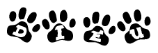 The image shows a row of animal paw prints, each containing a letter. The letters spell out the word Dieu within the paw prints.