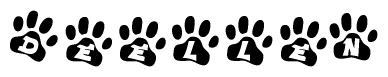 The image shows a row of animal paw prints, each containing a letter. The letters spell out the word Deellen within the paw prints.