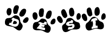 The image shows a row of animal paw prints, each containing a letter. The letters spell out the word Desi within the paw prints.