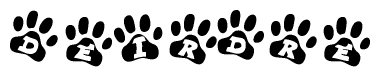 The image shows a series of animal paw prints arranged horizontally. Within each paw print, there's a letter; together they spell Deirdre