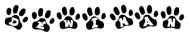 The image shows a row of animal paw prints, each containing a letter. The letters spell out the word Dewiman within the paw prints.
