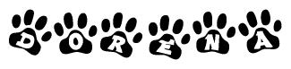 The image shows a series of animal paw prints arranged horizontally. Within each paw print, there's a letter; together they spell Dorena