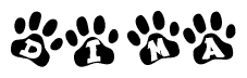 The image shows a series of animal paw prints arranged in a horizontal line. Each paw print contains a letter, and together they spell out the word Dima.