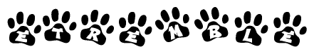 The image shows a series of animal paw prints arranged horizontally. Within each paw print, there's a letter; together they spell Etremble