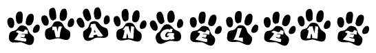 The image shows a series of animal paw prints arranged in a horizontal line. Each paw print contains a letter, and together they spell out the word Evangelene.