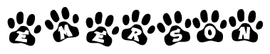 The image shows a series of animal paw prints arranged horizontally. Within each paw print, there's a letter; together they spell Emerson