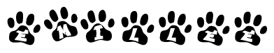 The image shows a row of animal paw prints, each containing a letter. The letters spell out the word Emillee within the paw prints.