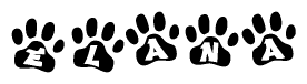 The image shows a series of animal paw prints arranged horizontally. Within each paw print, there's a letter; together they spell Elana