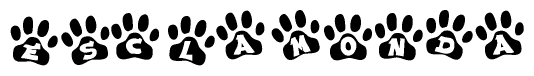 The image shows a series of animal paw prints arranged horizontally. Within each paw print, there's a letter; together they spell Esclamonda
