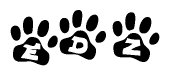 The image shows a series of animal paw prints arranged in a horizontal line. Each paw print contains a letter, and together they spell out the word Edz.
