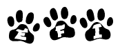The image shows a series of animal paw prints arranged horizontally. Within each paw print, there's a letter; together they spell Efi
