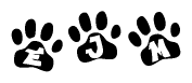 The image shows a series of animal paw prints arranged in a horizontal line. Each paw print contains a letter, and together they spell out the word Ejm.