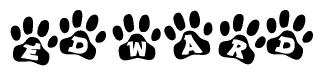 The image shows a series of animal paw prints arranged in a horizontal line. Each paw print contains a letter, and together they spell out the word Edward.