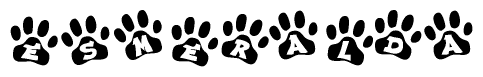 The image shows a series of animal paw prints arranged horizontally. Within each paw print, there's a letter; together they spell Esmeralda
