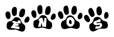 The image shows a series of animal paw prints arranged horizontally. Within each paw print, there's a letter; together they spell Enos