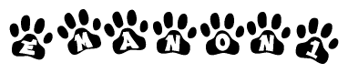 The image shows a series of animal paw prints arranged in a horizontal line. Each paw print contains a letter, and together they spell out the word Emanon1.