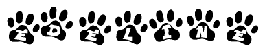 The image shows a row of animal paw prints, each containing a letter. The letters spell out the word Edeline within the paw prints.