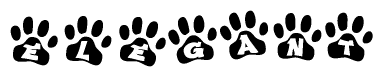 The image shows a row of animal paw prints, each containing a letter. The letters spell out the word Elegant within the paw prints.