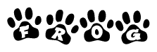 The image shows a row of animal paw prints, each containing a letter. The letters spell out the word Frog within the paw prints.