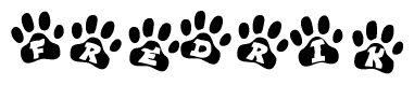 The image shows a series of animal paw prints arranged horizontally. Within each paw print, there's a letter; together they spell Fredrik
