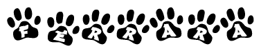 The image shows a series of animal paw prints arranged in a horizontal line. Each paw print contains a letter, and together they spell out the word Ferrara.