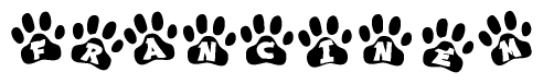 The image shows a series of animal paw prints arranged in a horizontal line. Each paw print contains a letter, and together they spell out the word Francinem.