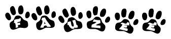 The image shows a row of animal paw prints, each containing a letter. The letters spell out the word Fauzee within the paw prints.