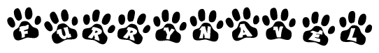 The image shows a series of animal paw prints arranged in a horizontal line. Each paw print contains a letter, and together they spell out the word Furrynavel.