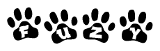 The image shows a series of animal paw prints arranged in a horizontal line. Each paw print contains a letter, and together they spell out the word Fuzy.