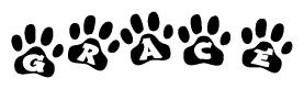 The image shows a row of animal paw prints, each containing a letter. The letters spell out the word Grace within the paw prints.