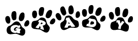 The image shows a series of animal paw prints arranged horizontally. Within each paw print, there's a letter; together they spell Grady