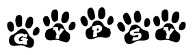 The image shows a series of animal paw prints arranged in a horizontal line. Each paw print contains a letter, and together they spell out the word Gypsy.