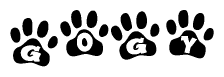 The image shows a row of animal paw prints, each containing a letter. The letters spell out the word Gogy within the paw prints.