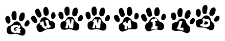 The image shows a row of animal paw prints, each containing a letter. The letters spell out the word Gunnhild within the paw prints.