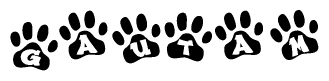 The image shows a series of animal paw prints arranged in a horizontal line. Each paw print contains a letter, and together they spell out the word Gautam.