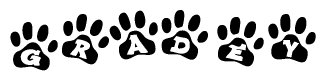 The image shows a row of animal paw prints, each containing a letter. The letters spell out the word Gradey within the paw prints.