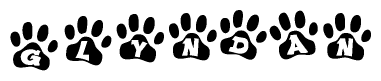 The image shows a series of animal paw prints arranged horizontally. Within each paw print, there's a letter; together they spell Glyndan