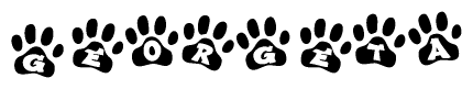 The image shows a series of animal paw prints arranged in a horizontal line. Each paw print contains a letter, and together they spell out the word Georgeta.