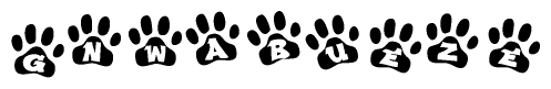 The image shows a series of animal paw prints arranged in a horizontal line. Each paw print contains a letter, and together they spell out the word Gnwabueze.