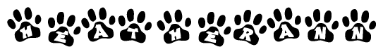 The image shows a series of animal paw prints arranged in a horizontal line. Each paw print contains a letter, and together they spell out the word Heatherann.