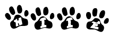 The image shows a series of animal paw prints arranged horizontally. Within each paw print, there's a letter; together they spell Hiie