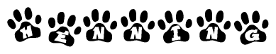The image shows a series of animal paw prints arranged in a horizontal line. Each paw print contains a letter, and together they spell out the word Henning.
