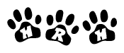 The image shows a series of animal paw prints arranged in a horizontal line. Each paw print contains a letter, and together they spell out the word Hrh.
