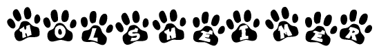 The image shows a row of animal paw prints, each containing a letter. The letters spell out the word Holsheimer within the paw prints.