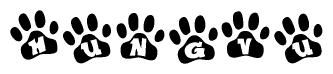 The image shows a series of animal paw prints arranged horizontally. Within each paw print, there's a letter; together they spell Hungvu