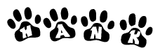 The image shows a series of animal paw prints arranged horizontally. Within each paw print, there's a letter; together they spell Hank